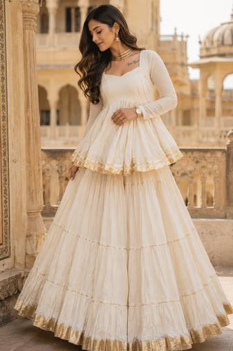 Off White Pure Cotton Navratri Kediyu Lehenga Set