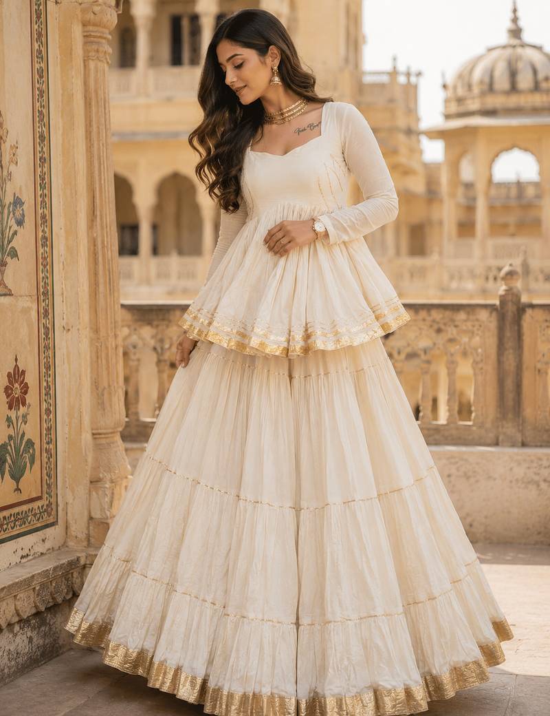 Off White Pure Cotton Navratri Kediyu Lehenga Set