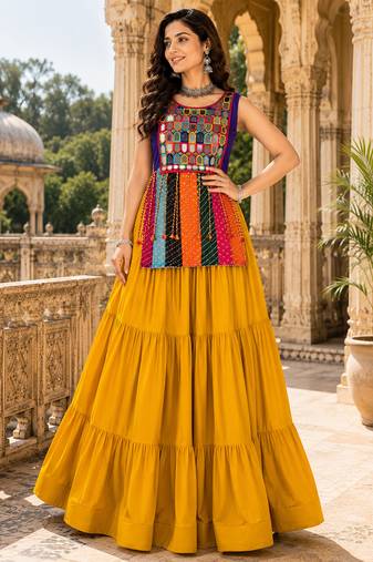 Multicolor Navratri Mirror Work Bandhani Chaniya Choli Set