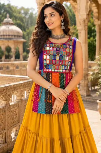 Multicolor Navratri Mirror Work Bandhani Chaniya Choli Set