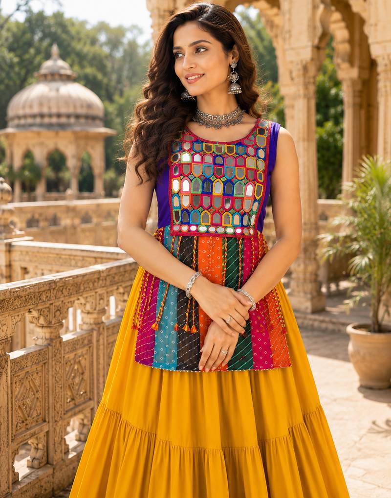Multicolor Navratri Mirror Work Bandhani Chaniya Choli Set