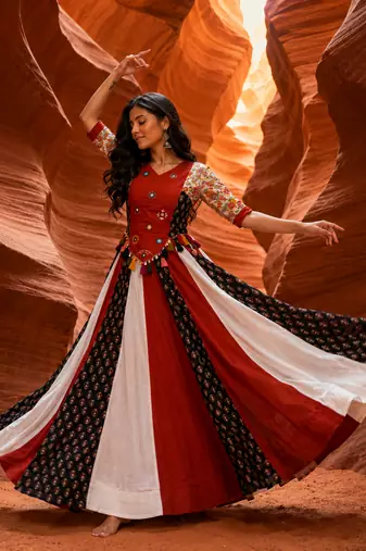Multicolor Pure Cotton Handwork Navratri Kediyu Lehenga Set