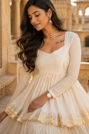 Off White Pure Cotton Navratri Kediyu Lehenga Set