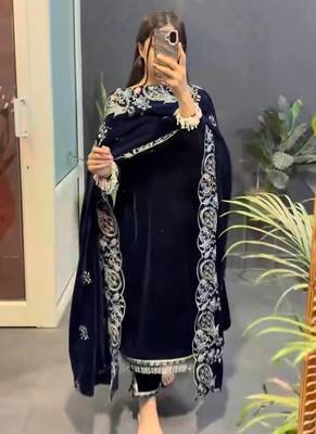 Navy Blue Color Embroidery And Sequence Work Velvet Salwar Suit 1
