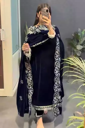 Navy Blue Color Embroidery And Sequence Work Velvet Salwar Suit