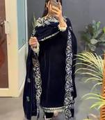Navy Blue Color Embroidery And Sequence Work Velvet Salwar Suit