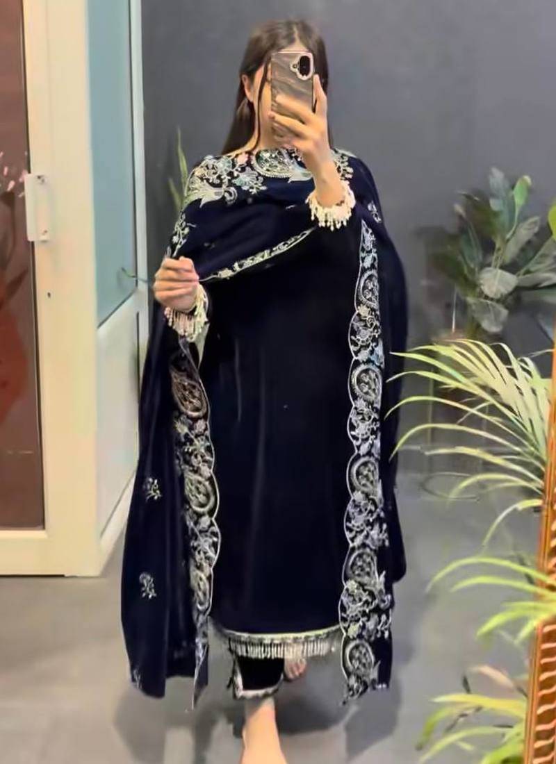 Navy Blue Color Embroidery And Sequence Work Velvet Salwar Suit
