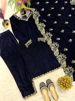 Navy Blue Color Embroidery And Sequence Work Velvet Salwar Suit 2