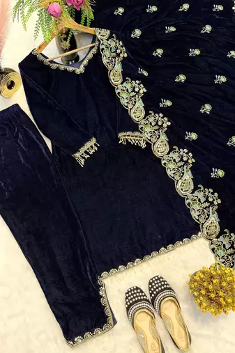 Navy Blue Color Embroidery And Sequence Work Velvet Salwar Suit