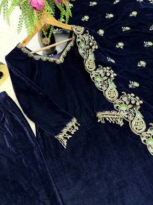 Navy Blue Color Embroidery And Sequence Work Velvet Salwar Suit 3