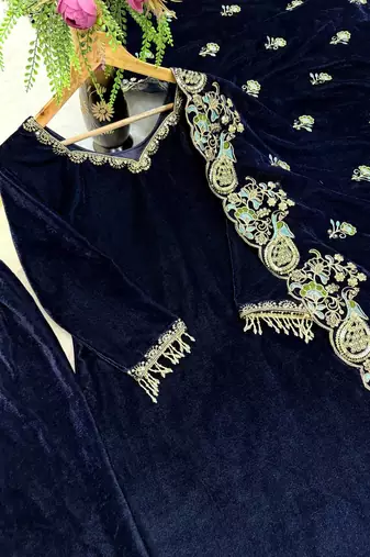 Navy Blue Color Embroidery And Sequence Work Velvet Salwar Suit