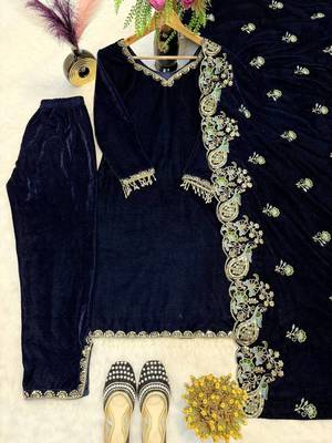 Navy Blue Color Embroidery And Sequence Work Velvet Salwar Suit 4