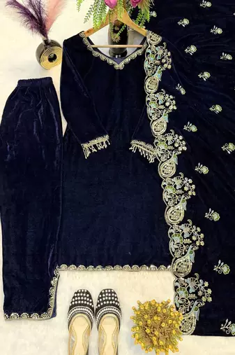Navy Blue Color Embroidery And Sequence Work Velvet Salwar Suit
