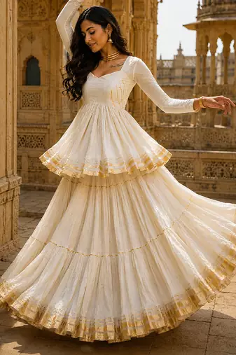 Off White Pure Cotton Navratri Kediyu Lehenga Set