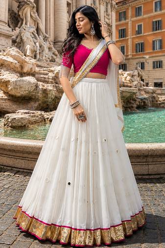 White Moonlight Mirror Work Navratri Lehenga Choli Set