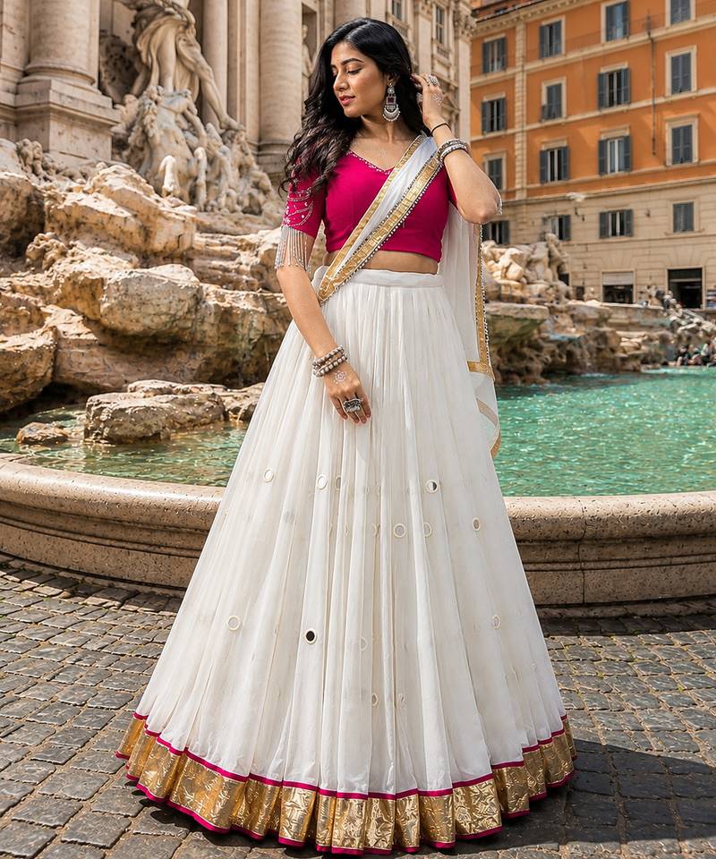 White Moonlight Mirror Work Navratri Lehenga Choli Set