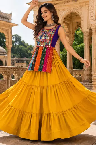 Multicolor Navratri Mirror Work Bandhani Chaniya Choli Set