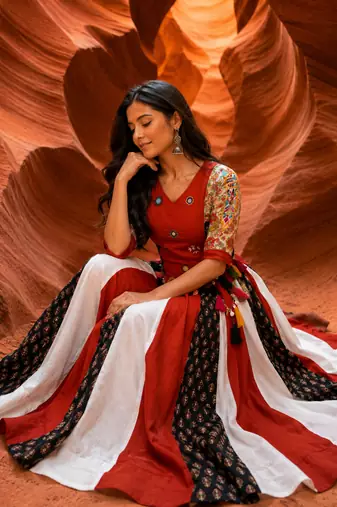 Multicolor Pure Cotton Handwork Navratri Kediyu Lehenga Set