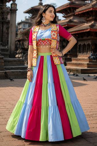 Multicolor Navratri Lehenga Choli with Kutchhi Mirror Work Koti