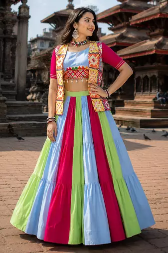 Multicolor Designer Navratri Lehenga Choli with Kutchhi Mirror Work Koti