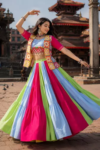 Multicolor Designer Navratri Lehenga Choli with Kutchhi Mirror Work Koti