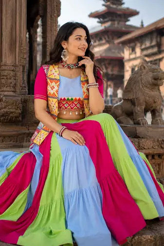 Multicolor Designer Navratri Lehenga Choli with Kutchhi Mirror Work Koti