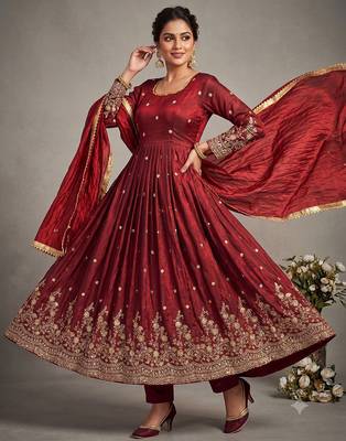 Maroon embroidered silk blend  anarkali suit with dupatta set 1