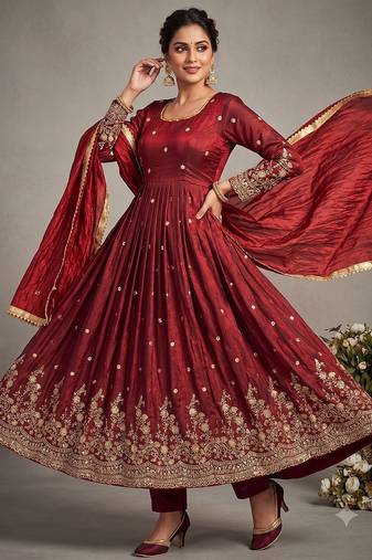 Maroon embroidered silk blend  anarkali suit with dupatta set