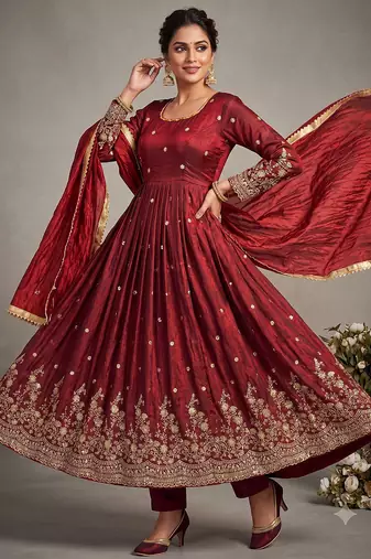 Maroon embroidered silk blend  anarkali suit with dupatta set