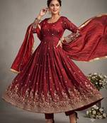 Maroon embroidered silk blend  anarkali suit with dupatta set