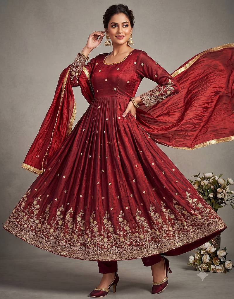 Maroon embroidered silk blend  anarkali suit with dupatta set