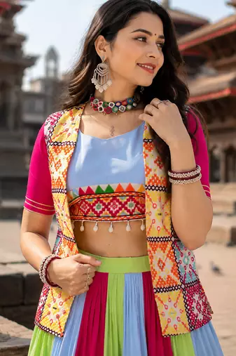 Multicolor Designer Navratri Lehenga Choli with Kutchhi Mirror Work Koti