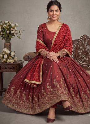 Maroon embroidered silk blend  anarkali suit with dupatta set 2