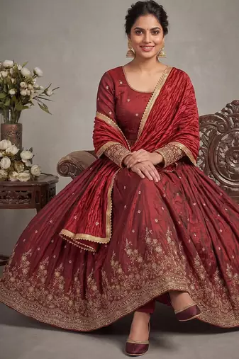Maroon embroidered silk blend  anarkali suit with dupatta set