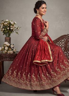 Maroon embroidered silk blend  anarkali suit with dupatta set 3