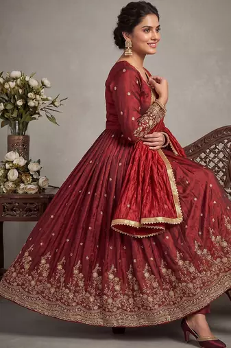 Maroon embroidered silk blend  anarkali suit with dupatta set
