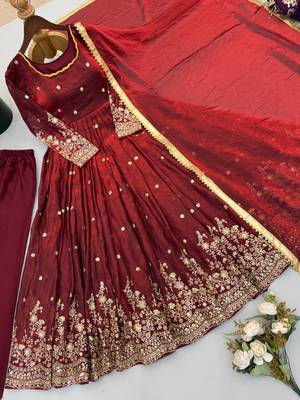 Maroon embroidered silk blend  anarkali suit with dupatta set 4