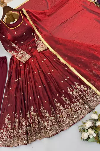 Maroon embroidered silk blend  anarkali suit with dupatta set
