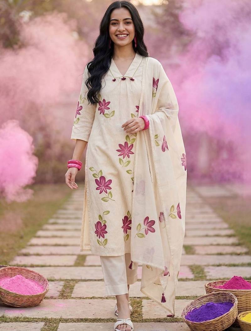 Women Floral Printed Cotton Kurta with Trousers & With Dupatta