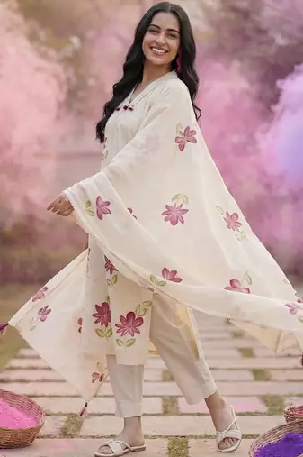 Women Floral Printed Cotton Kurta with Trousers & With Dupatta