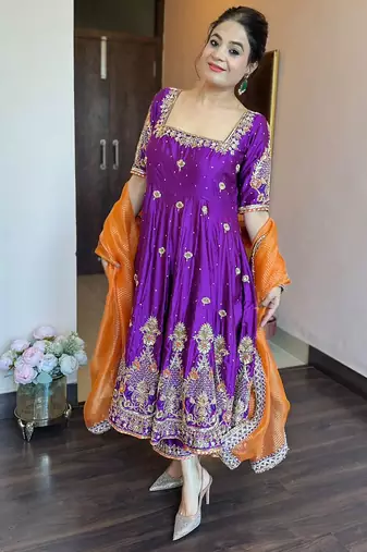 Purple fandy silk party wear embroidery sharara suit set