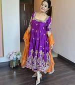 Purple fandy silk party wear embroidery sharara suit set