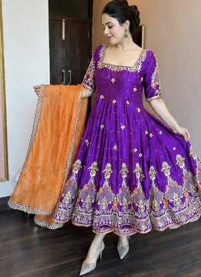 Purple fandy silk party wear embroidery sharara suit set 2