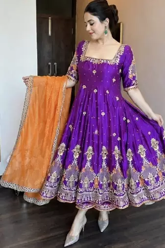 Purple fandy silk party wear embroidery sharara suit set