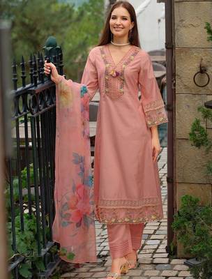 Women Floral Embroidered Thread Work Kurta with Trousers & With Dupatta 5