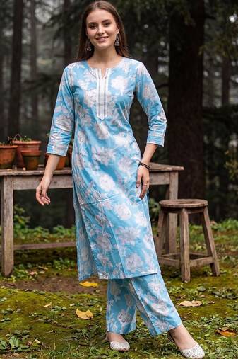 Women Floral Printed Cotton Kurta with Palazzos