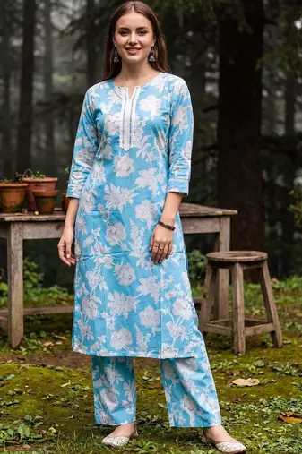 Women Floral Printed Cotton Kurta with Palazzos