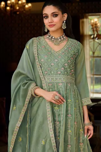 Women Floral Embroidered Empire Mirror Work Kurta with Trousers & With Dupatta