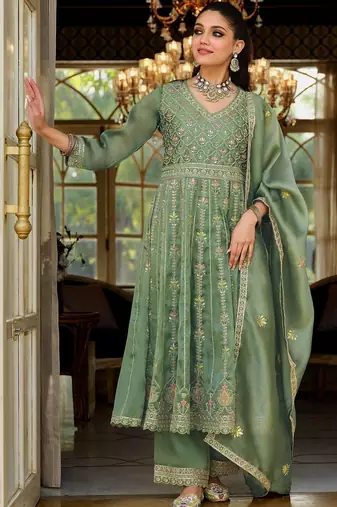Women Floral Embroidered Empire Mirror Work Kurta with Trousers & With Dupatta