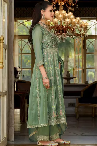 Women Floral Embroidered Empire Mirror Work Kurta with Trousers & With Dupatta